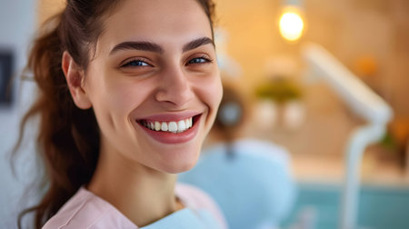 Portrait of happy young woman with healthy smile sitting in dental chair in dentistryの素材
