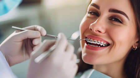 A cheerful smiling female with braces on teeth while in dentistryの素材