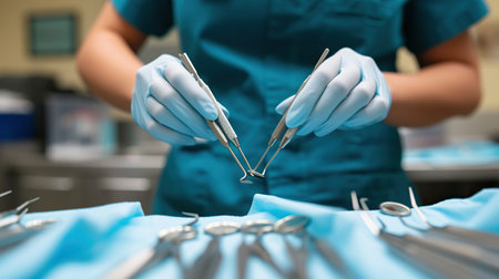 Dental tools in dentists hands isolated on blue backgroundの素材