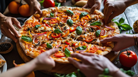 flat lay composition of delicious pizza with may hands that want to take a piece of itの素材