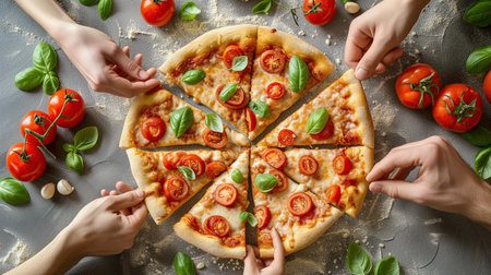 Flat lay composition of delicious pizza with may hands that want to take a piece of itの素材