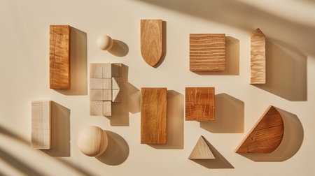 Geometrical pieces with geometric patterns in a flat lay compositionの素材