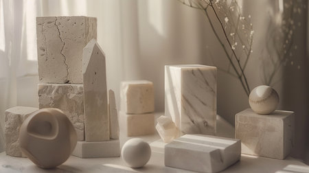 Geometrical pieces with a marble texture arranged in a flat lay compositionの素材