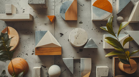 Geometrical pieces with geometric patterns in a flat lay compositionの素材
