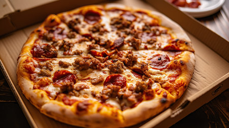 A meat-lovers pizza heavily loaded with assorted meats surrounded by hands ready to indulgeの素材