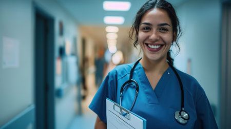 A cheerful nurse, holding a clipboard and wearing a stethoscope, in the soft light of a hospital corridorの素材