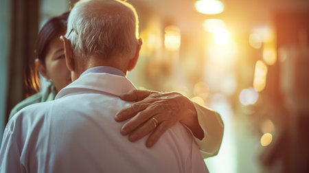 A doctor, comforting a patient with a reassuring hand on the shoulder, in the warm light of a hospital roomの素材