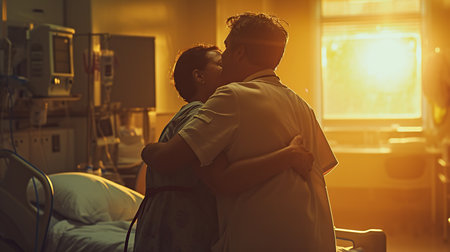 A doctor, comforting a patient with a reassuring hand on the shoulder, in the warm light of a hospital roomの素材