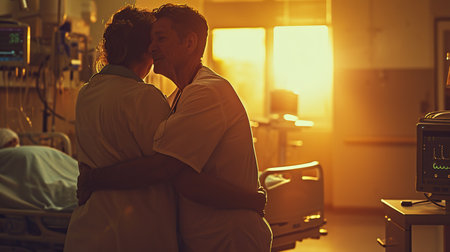 A doctor, comforting a patient with a reassuring hand on the shoulder, in the warm light of a hospital roomの素材