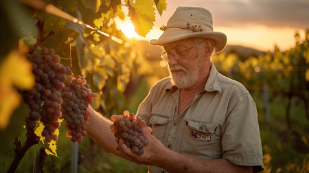 Gardener analyzing grapevines, holding clusters of grapes, captured during sunsetの素材