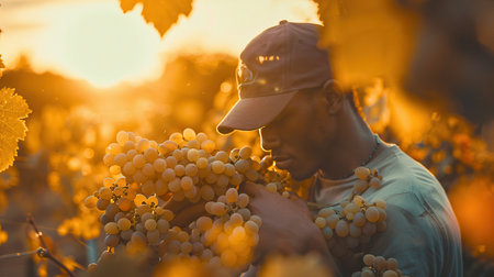 Gardener analyzing grapevines, holding clusters of grapes, captured during sunsetの素材