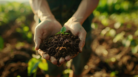 an Agronomist analyzing soil quality on a plantation, with a handful of fertile soilの素材