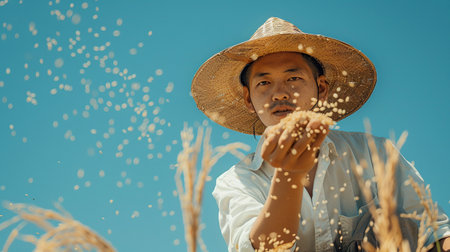 An Asian agronomist examining rice paddies, holding rice grainsの素材