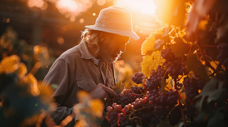 Gardener analyzing grapevines, holding clusters of grapes, captured during sunsetの素材