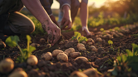 Agricultural workers planting potatoes, showcasing the hands in gloves on processの素材