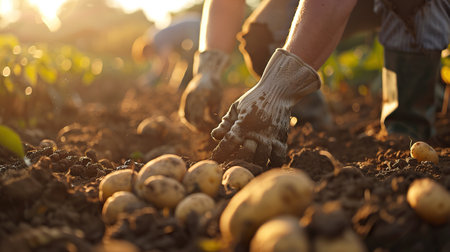 Agricultural workers planting potatoes, showcasing the hands in gloves on processの素材