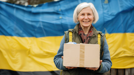 Smiling Ukrainian female volunteer in a bulletproof vest holds a paper box with productsの素材