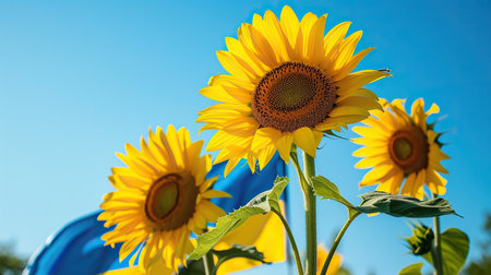 View from bottom on yellow sunflowers with blue clear sky on backgroundの素材