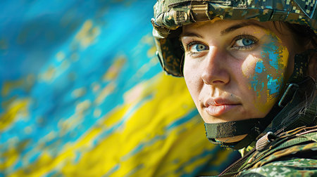 Close up portrait of Ukrainian fully armed female soldier with blue and yellow flag on backgroundの素材