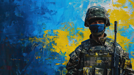 Close up portrait of Ukrainian fully armed soldier with blue and yellow color on backgroundの素材