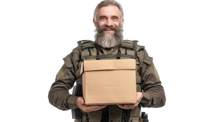 Volunteer senior bearded man in a bulletproof vest holds a paper box with products in her handsの素材