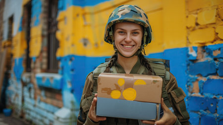 Smiling Ukrainian female volunteer in a bulletproof vest holds a paper box with productsの素材