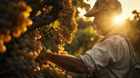 Gardener analyzing grapevines, holding clusters of grapes, captured during sunsetの素材