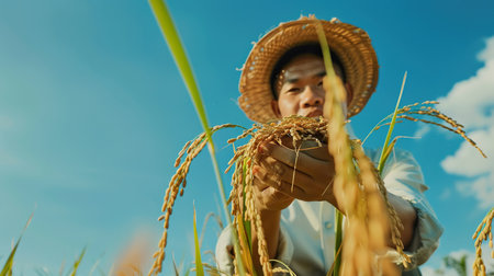 An Asian agronomist examining rice paddies, holding rice grainsの素材