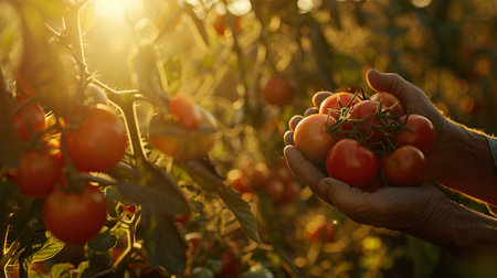 An agronomist inspecting tomato fields, holding ripe tomatoes against sunset skyの素材