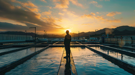 Fish farm technician inspecting tanks of healthy fish. High-tech aquaculture facilityの素材