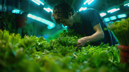 Hydroponic farmer tending to vibrant green lettuce in a controlled environmentの素材