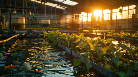 Aquaponics system with fish and plants symbiotically growingの素材