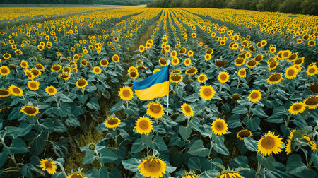 A field adorned with sunflowers and the Ukrainian flag planted proudly in the groundの素材