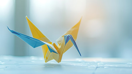 A single yellow and blue origami crane placed on a white surface, symbolizing peace and resilienceの素材
