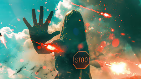 Double exposure of womans silhouette against ruined city in fire, because of warの素材