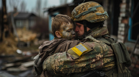 Double exposure of Ukrainian soldier hug little child with city in ruins during warの素材