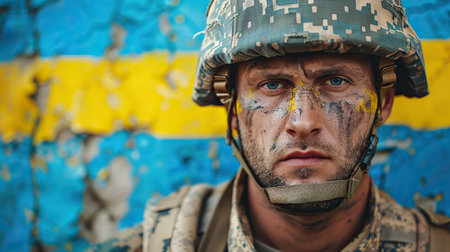 Close up portrait of Ukrainian fully armed soldier with blue and yellow color on backgroundの素材
