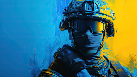 Close up portrait of Ukrainian fully armed soldier with blue and yellow color on backgroundの素材
