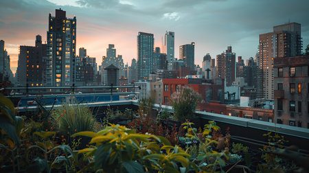 Urban rooftop gardens showcasing the integration of agriculture in city landscapesの素材