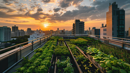 Urban rooftop gardens showcasing the integration of agriculture in city landscapesの素材