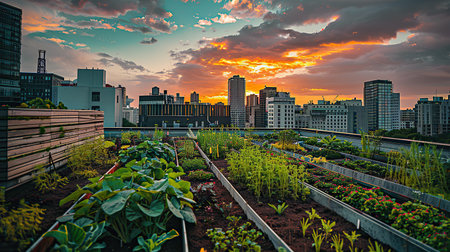 Urban rooftop gardens showcasing the integration of agriculture in city landscapesの素材