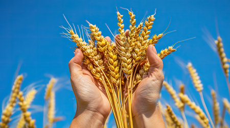 Wheat crops in a farmers hands, showcasing the golden grains, isolated against a clear blue skyの素材