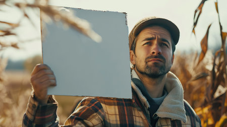 Portrait of a attractive sad farmer holding a sign white board above his head at a farmers protestの素材