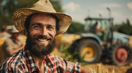 Portrait of a bearded joyful farmer, near other farmers near his tractorの素材