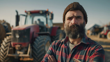 Portrait of a bearded outraged farmer, near other farmers protest near his tractorの素材