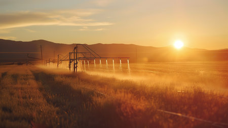 Automated irrigation systems in action, showcasing water conservation in modern agricultureの素材