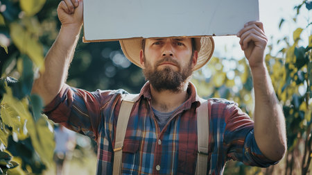 Portrait of a attractive sad farmer holding a sign white board above his head at a farmers protestの素材