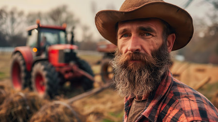 Portrait of a bearded outraged farmer, near other farmers protest near his tractorの素材