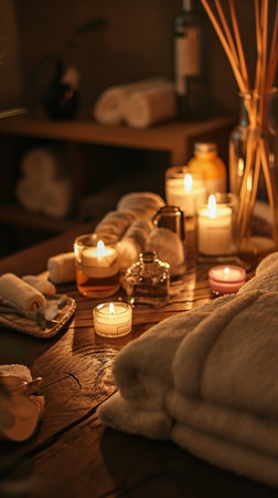 A set of different aroma candles in brown glass jars. Soy candles are burning in a jar