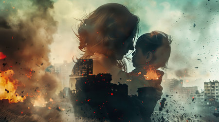 Double exposure of mother hugs her child silhouette against city explosion because of the warの素材